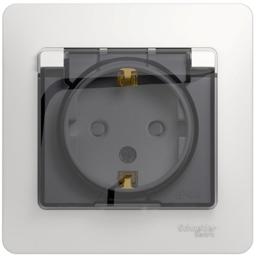 Розетка с заземлением с рамкой Systeme Electric Glossa 1-м. крышка шторки IP44 белый картинка